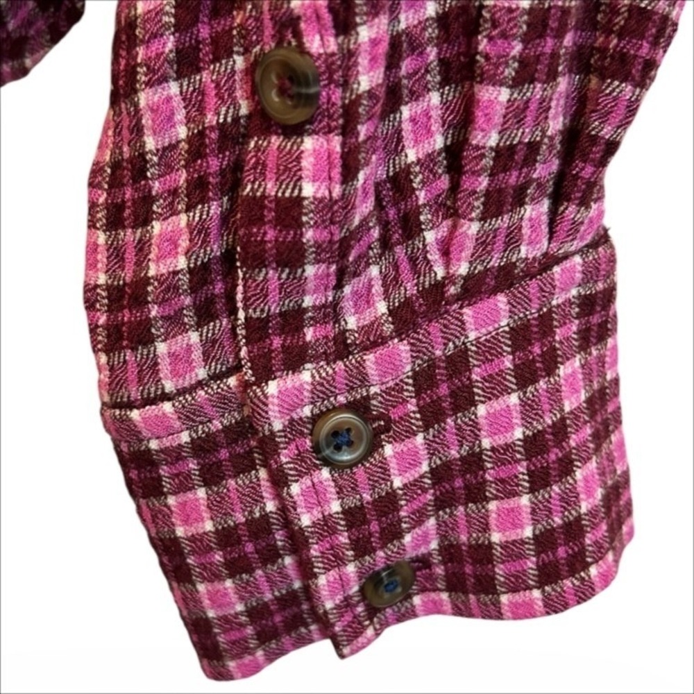 Pilcro Plaid Top Button Down Blouse M Burgundy Pink Ruched Shirt Grunge Flannel - Picture 4 of 8